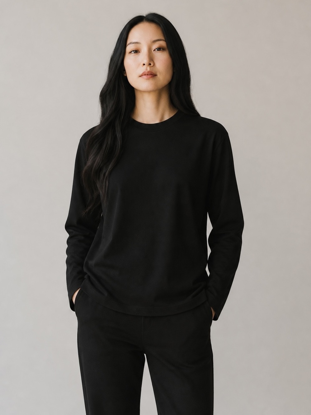 Peruvian Connection Long Sleeve Crewneck Top Blk Pima Cotton Minimalist Capsule